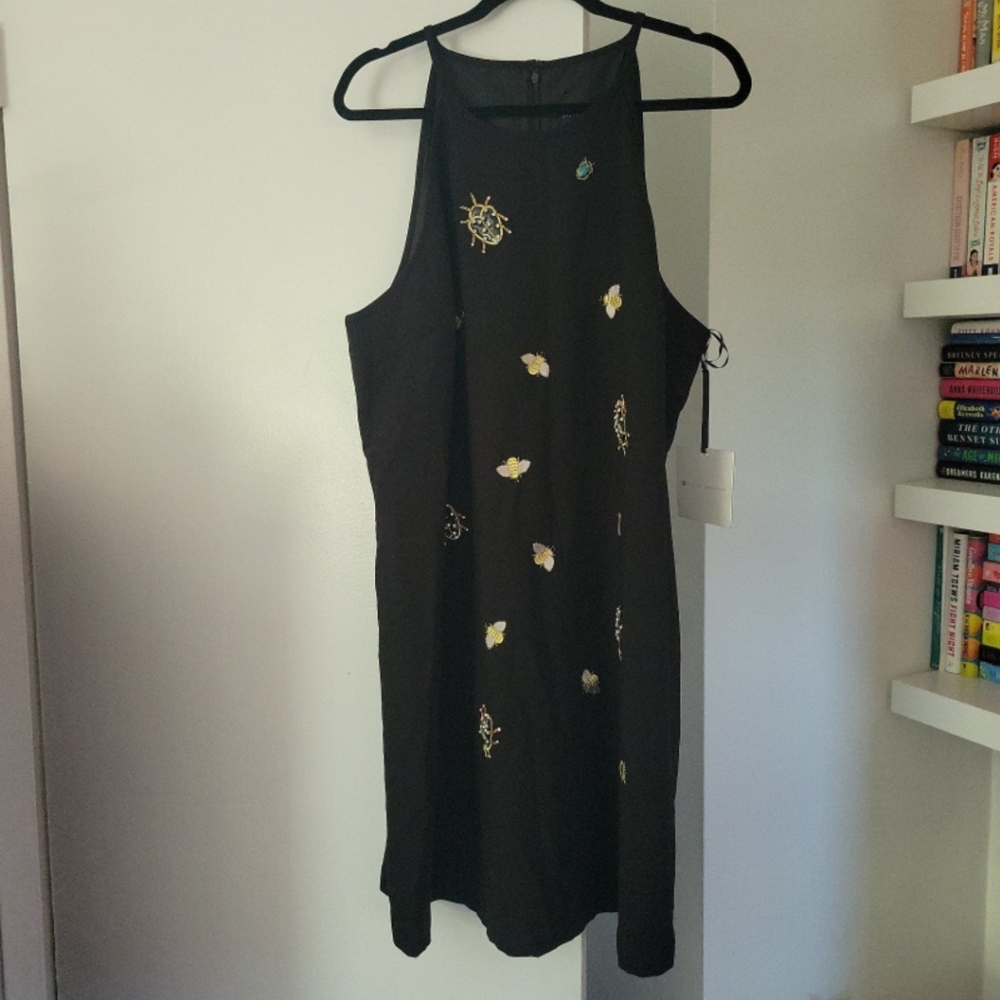 Black Embroidered Halter Midi Dress